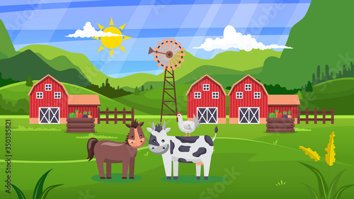 Fototapeta Naklejka Na Ścianę i Meble -  Summer rural landscape with cows and farm. Red barn in the field. Green trees on a cloudy sky background. Vector nature illustration design elements.