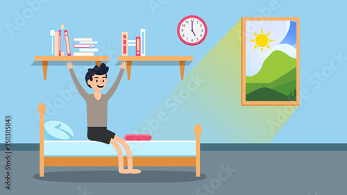 Cute little boy waking up early in the morning cartoon vector illustration. character of people activity daily routine. 
