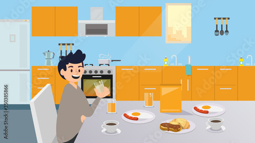 Illustration of a little boy eating his breakfast at the table vector. Child sitting while enjoy having drink.