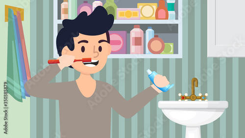Happy little kid character brushing his teeth with toothpaste and toothbrush in bathroom vector illustration.