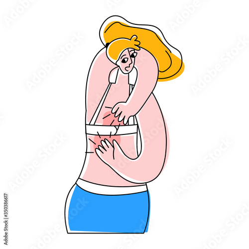 Vector flat illustration young woman scratching skin of her back. Concept dermatological diseases, itching, allergies, dermatitis, eczema. It can be used in web design, banners, etc.