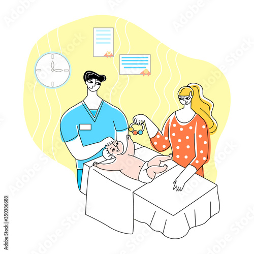Vector flat illustration treatment of small baby by osteopathic doctor, chiropractor, physiotherapist. Concept  treatment children with alternative medicine, osteopathy.