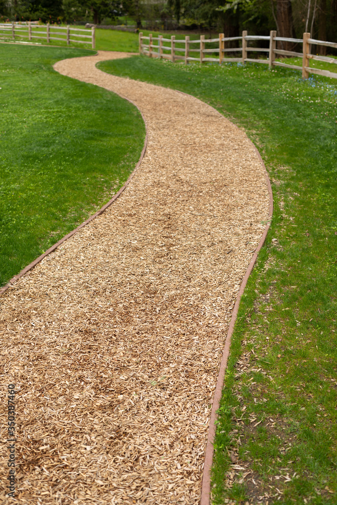Foreground focus on a curved wood chip path in a garden Foreground focus on a curved wood chip path in a garden