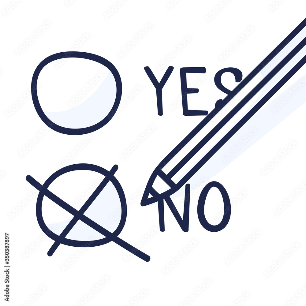 A pencil which marks the option no. A hand-drawn doodle illustration that displays a bad decision or a negative choice. A pencil which marks the option no. A hand-drawn doodle illustration that displays a bad decision or a negative choice.