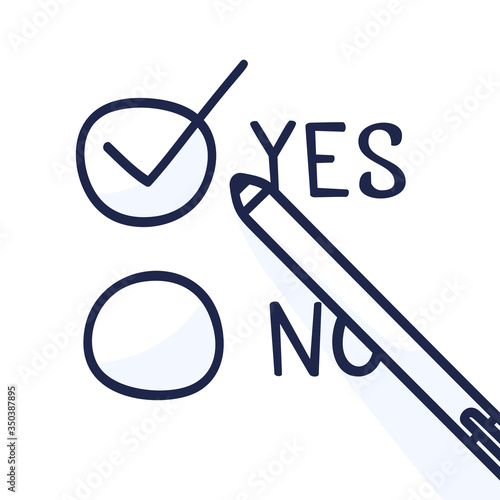 Doodle pen write yes vote on a voting paper. Flat concept illustration with hand drawn cartoon style check sign. Isolated vector infographic element for web, presentation, brochures.