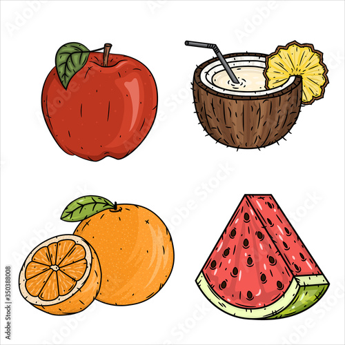Fruit set - Apple, coconut, orange and watermelon