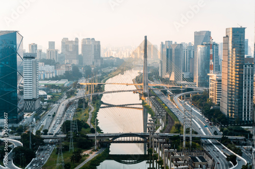 Sao Paulo at the sunset panoramic view of Octavio Frias de Oliveira bridge Vila Olímpia and Cidade Jardim