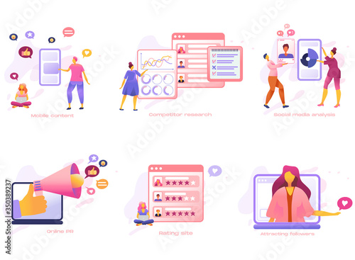 Cartoon icon set with customer care marketing, social media PR, analysis, research and content business 
