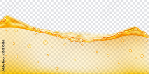 Translucent water wave in yellow colors with air bubbles, isolated on transparent background. Transparency only in vector file