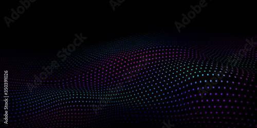 Abstract halftone background with wavy surface made of colored dots on black © Olga Moonlight