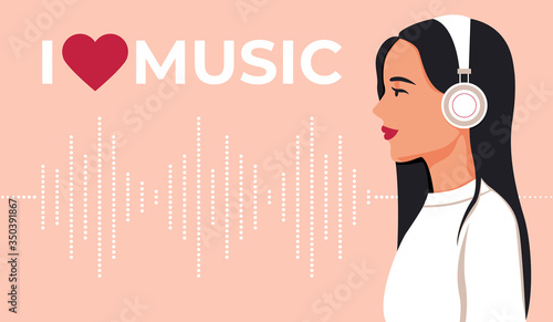 Young girl in headphones listening to music. I like music. Music wave