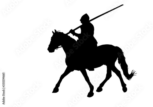 black silhouette of a medieval knight with a spear on a horse in a field, trotting, isolated image on the background of the dawn sky