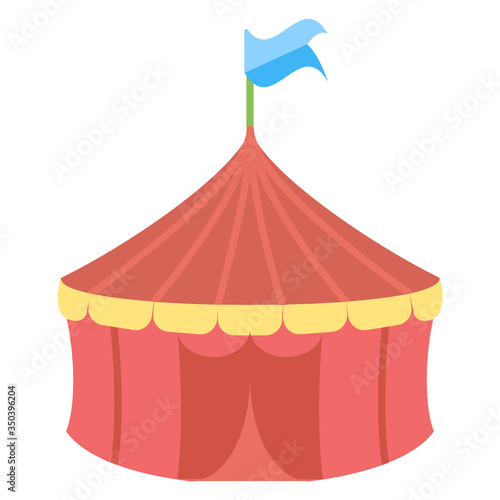 Round Tent with flag concept, circus and amusement park things on white background, Waterproof Marquee Dome Vector Red Color Icon design 