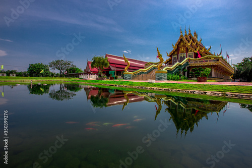 Background of Wat Pa Charoen Rat, Pathum Thani Province Dharma Practice Center 13, Buddhist people come to make merit, Khlong 11 (Sai Klang), Bueng Thonglang Subdistrict Lam Luk Ka District, Thailand photo