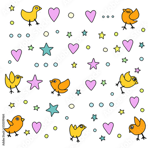 clumsy doodle style pattern with birds, hearts and stars