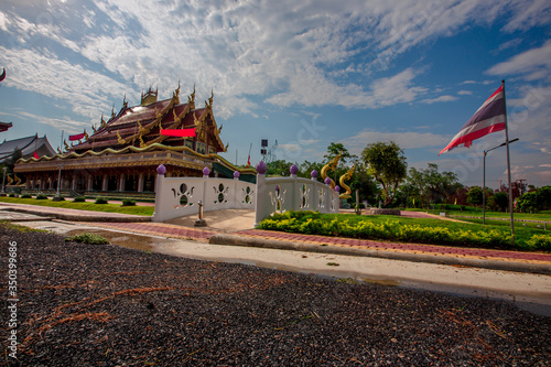 Background of Wat Pa Charoen Rat, Pathum Thani Province Dharma Practice Center 13, Buddhist people come to make merit, Khlong 11 (Sai Klang), Bueng Thonglang Subdistrict Lam Luk Ka District, Thailand photo