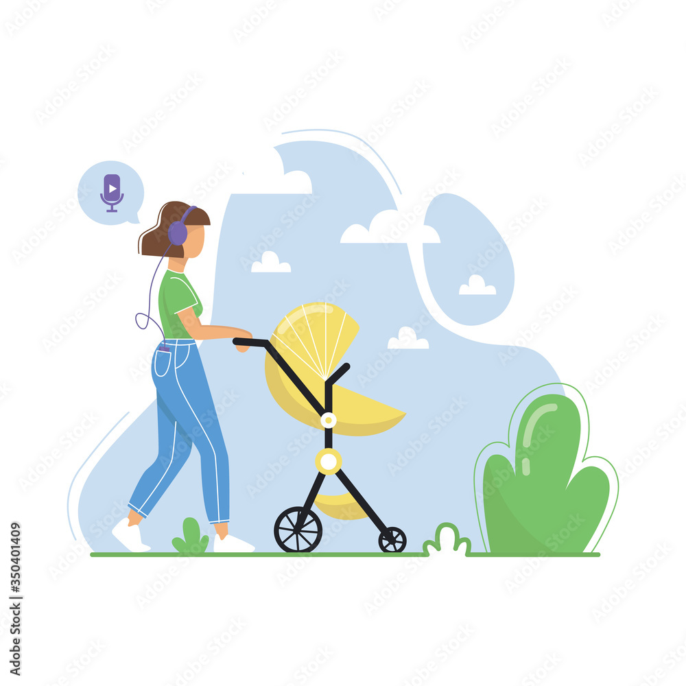 Young woman walking with  baby stroller and listening to podcasts, online radio streaming, music, audiobooks. Flat vector illustration. 