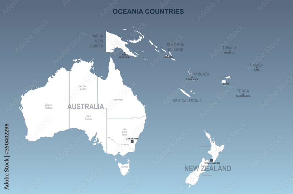 detailed oceania countries vector map.australia, new zealand and pacific islands country. south pacific islands.