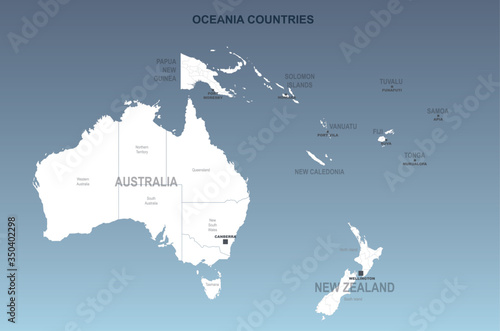 detailed oceania countries vector map.australia, new zealand and pacific islands country. south pacific islands. photo