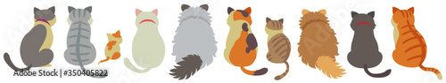 Back view of cute cats on white background. Vector illustration in flat cartoon style.