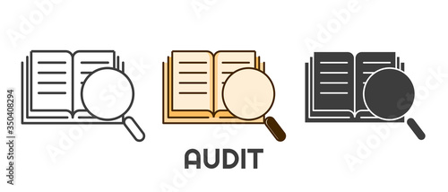 Audit icon set in different style. Book and magnifying glass illustration. Isolated on white background. 