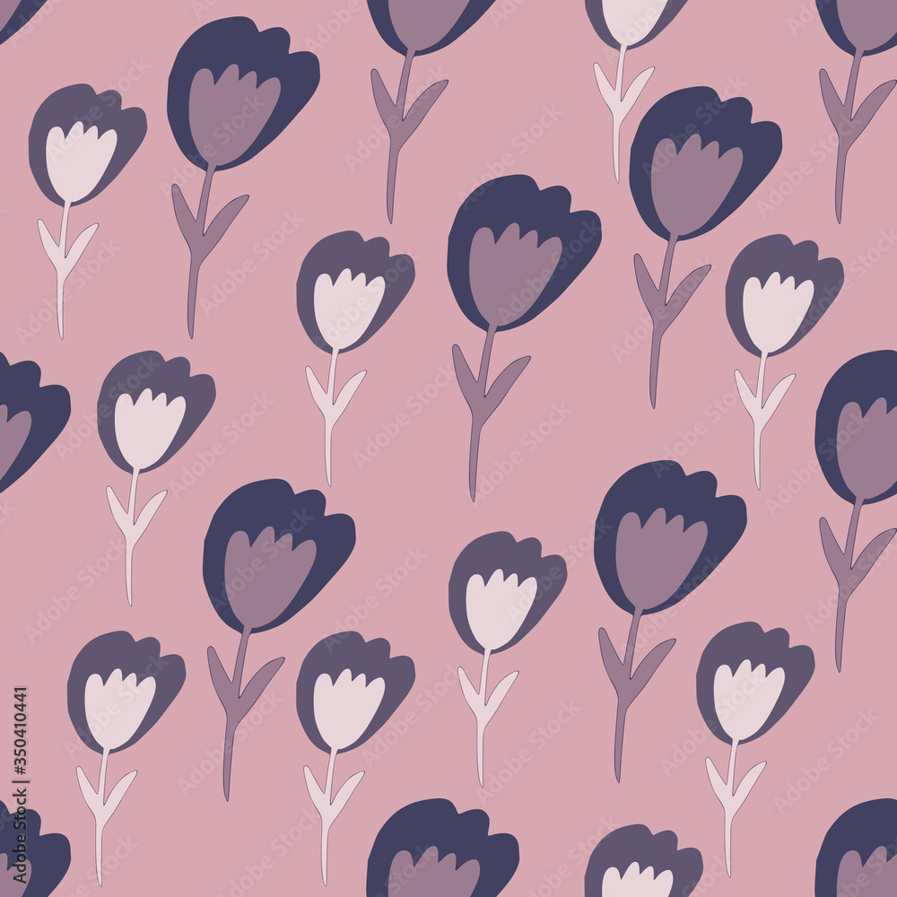 Pink tulip flowers seamless pattern in doodle style. Cute little flower endless wallpaper. Floral backdrop.