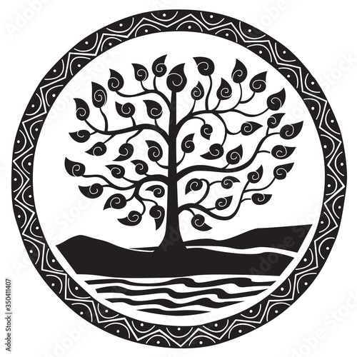 Round black and white decorative graphics. Tree by the river in a round oriental ornament. Vector graphics