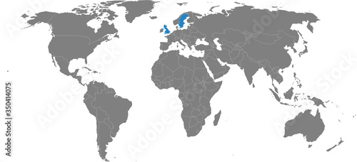 United kingdom, Sweden countries isolated on world map. Light gray background. Business concepts, diplomatic, trade and transport relations.