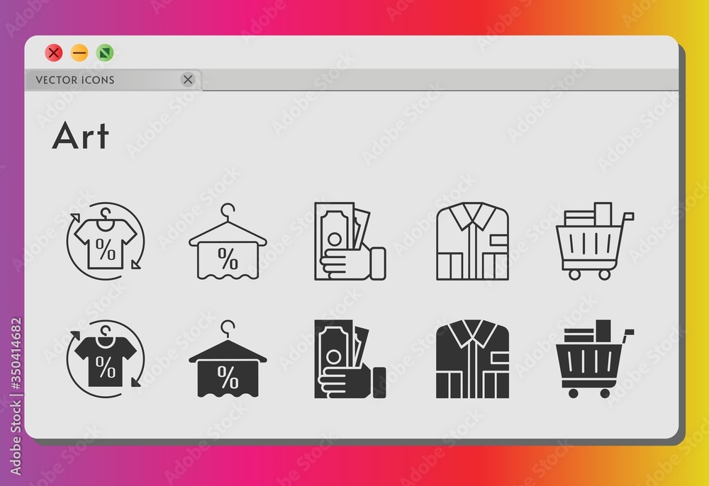 art icon set. included shirt, money, towel, shopping cart icons on white background. linear, filled styles.