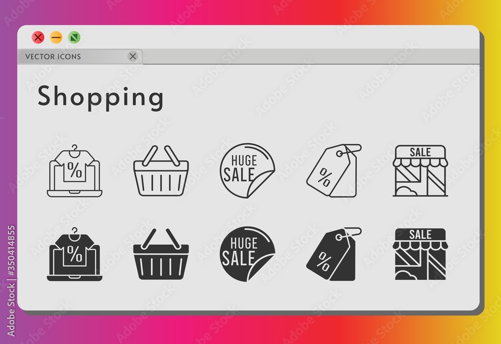 shopping icon set. included online shop, sale, shop, price tag, shopping-basket, shopping basket icons on white background. linear, filled styles.
