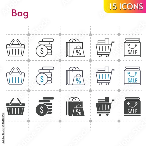 bag icon set. included shopping bag  money  shopping cart  shopping-basket  shopping basket icons on white background. linear  bicolor  filled styles.