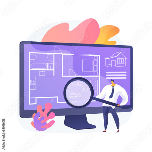Real estate floor plan abstract concept vector illustration. Floor plan online services, real estate marketing, house listing, interactive property layout, virtual staging abstract metaphor.