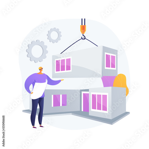 Modular home abstract concept vector illustration. Modular building, permanent foundation construction, prefabricated home components transportation, green footprint technology abstract metaphor.