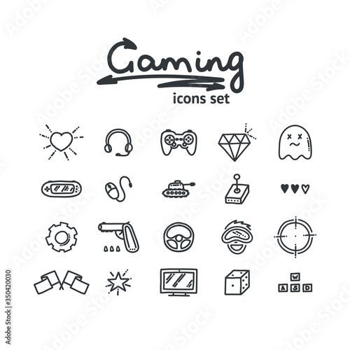 Doodle set of gaming icons. Headset, joystick, steering wheel and other objects. Vector illustration