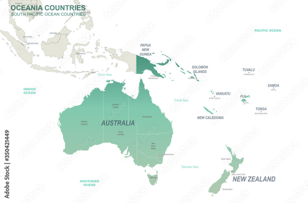Australia map. map of  oceania countries. pacific islands vector map.  - obrazy, fototapety, plakaty 