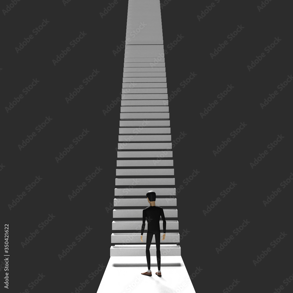Man stands near the stairs leading upwards to bright light. 3D illustration Man stands near the stairs leading upwards to bright light. 3D illustration