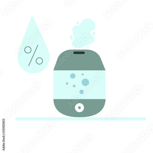 Humidifier with drop and percent sign. Health care concept, air freshener at home or office. Flat vector illustration.
