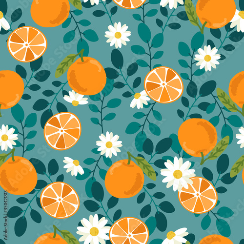 cute hand draw orange fruit and slice on green background seamless pattern