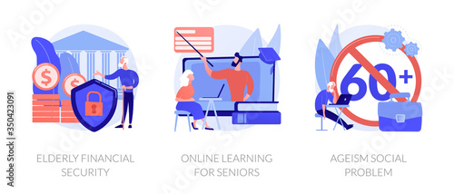 Education for old people metaphors. Elderly financial security, online learning for seniors, ageism social problem. Pensioner employment trouble. Vector isolated concept metaphor illustrations.