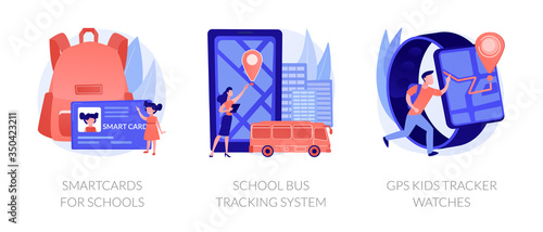 Children safety technologies. Smartwatch with geolocation. Smartcards for schools, school bus tracking system, gps kids tracker watches metaphors. Vector isolated concept metaphor illustrations