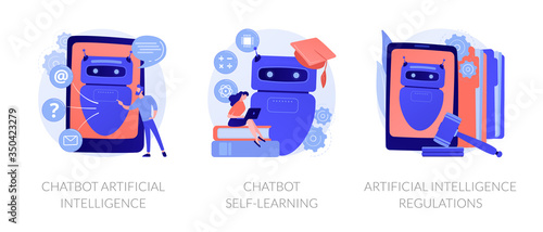 AI technology, smart chat bot. Machine learning. Chatbot artificial intelligence, chatbot self-learning, artificial intelligence regulations metaphors. Vector isolated concept metaphor illustrations.