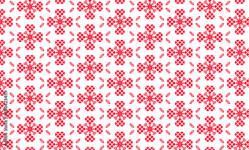 Red hearts made from square blocks make a floral design in a repeating seamless pattern isolated on a white background