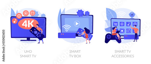 Home cinema, electronics and multimedia. Modern entertainment, leisure and pastime. UHD smart TV, smart TV box, smart TV accessories metaphors. Vector isolated concept metaphor illustrations.