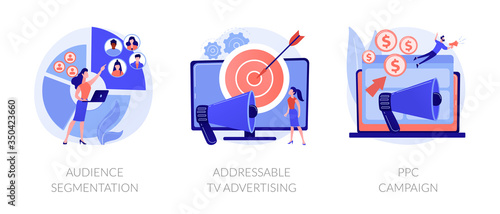 Targeted promotion, SEO, digital marketing. Geotargeting, CPC advertisement. Audience segmentation, addressable tv advertising, ppc campaign metaphors. Vector isolated concept metaphor illustrations. photo