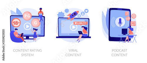 Social media blogging. Movie streaming, online network likes and followers attracting. Content rating system, viral content, podcast content metaphors. Vector isolated concept metaphor illustrations.