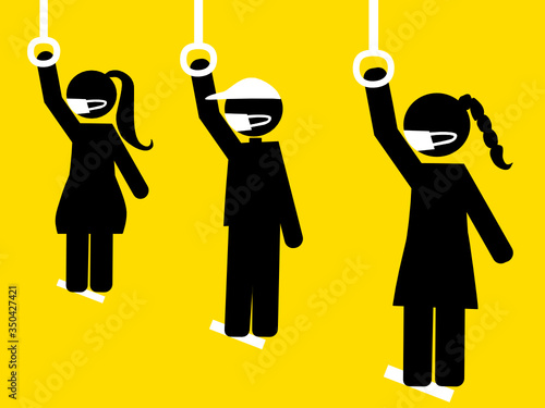 woman and man icon who is wearing a mask. they are holding strap while standing in metro, subway, bus or train. Social distancing concept. aviod germ infection. disease prevention for transportation. 