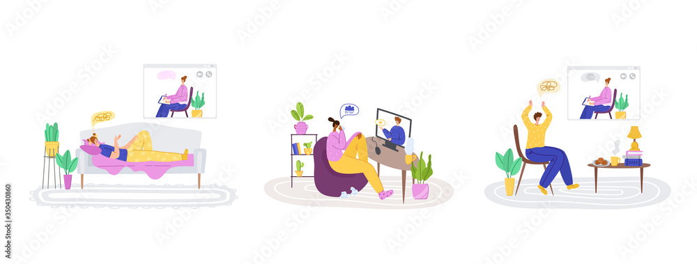 Psychological online services - personal distance support or assistance at home by internet. Upset people talking with psychologist, individual helpful therapy session or consultation - vector set