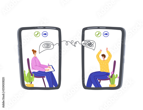 Psychological online services - personal distance support or assistance at home by internet. Upset man talking with female psychologist doctor, individual helpful therapy session, consultation vector