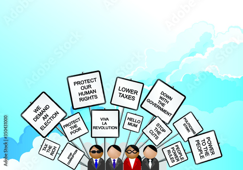 Crowd protesting with placards against the government on a cloudy sky background