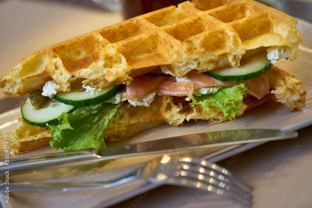 Brussels waffles with smoked salmon and salad.